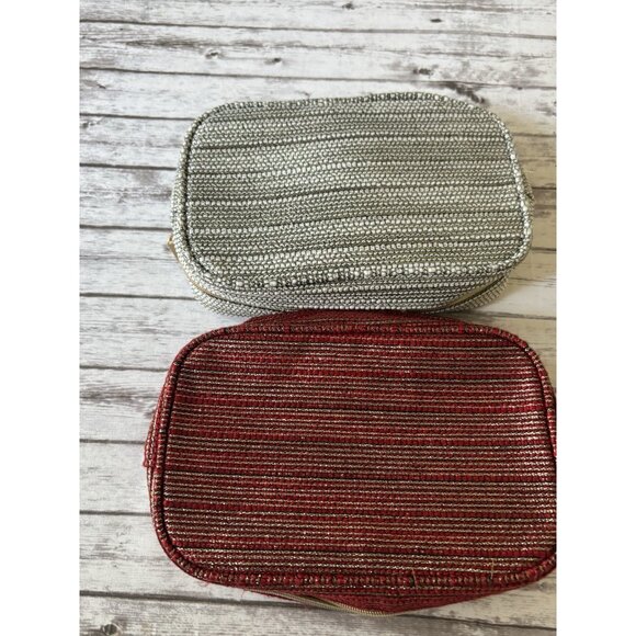 CHANEL Holiday Red Grey Tweed Shimmer Cosmetic Travel Bag With Gold Small PAIR - Picture 6 of 11